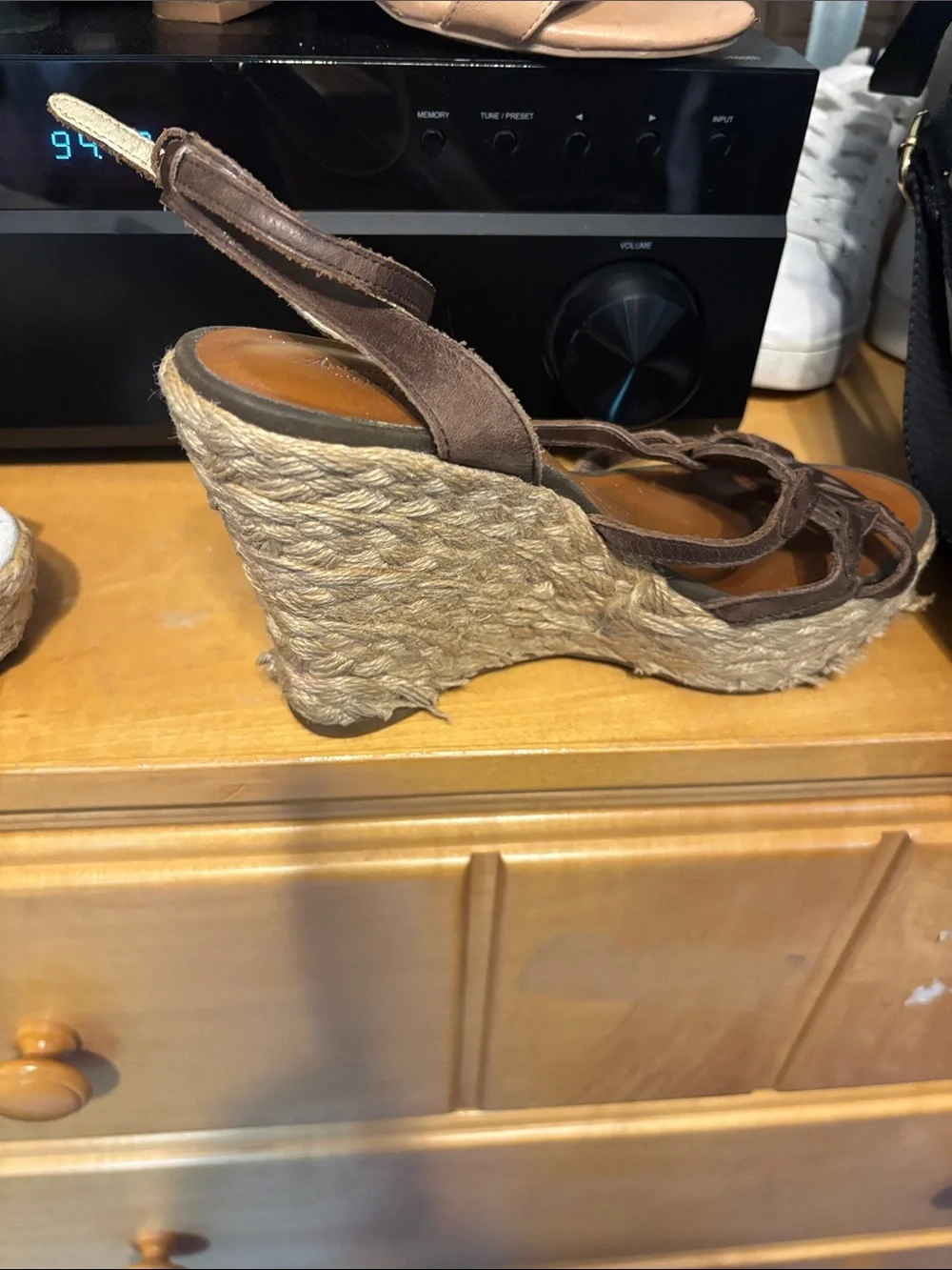 American Eagle Brown Floral Leather Espadrille Wedges